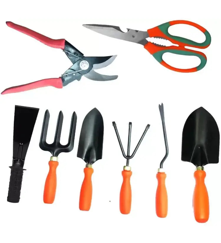 Gardening Tool sets combo pack of 8 pcs ( German Style Cutter, Multipurposes scissor for garden & kitchen with Khurpa 2 Inches ) Garden Tool Kit (8 Tools)